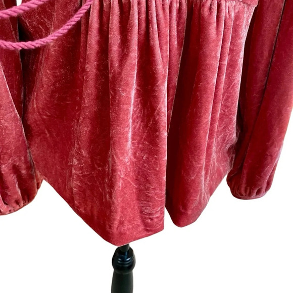 Floryday Blush Pink Velvet Embroidered Blouse Medium | Boho Tassel Tie Top - Picture 4 of 15